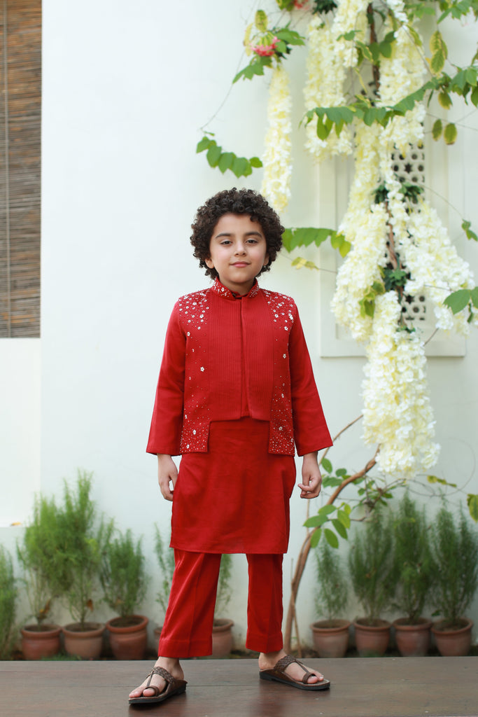 Riwaayat is a Long and Short Vegan Silk Embroidered Nehru Jacket For Boys.