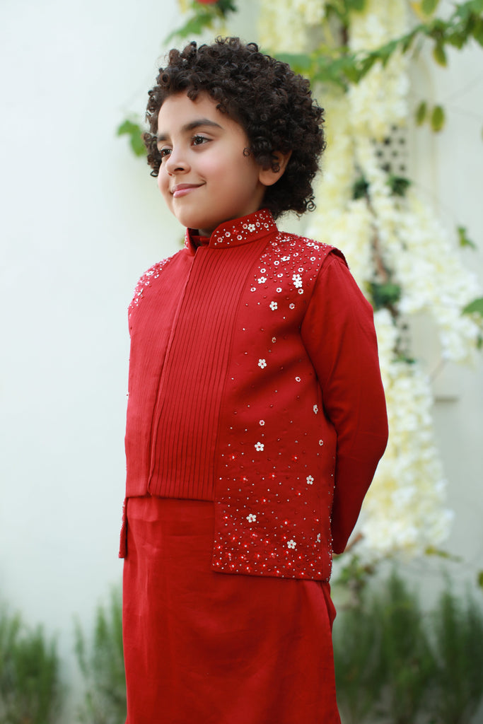 Riwaayat is a Long and Short Vegan Silk Embroidered Jacket With Kurta Trouser Set For Boys.