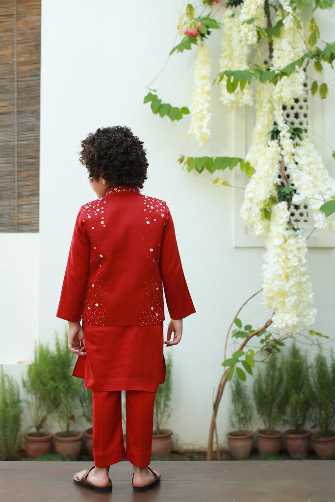 Riwaayat is a Long and Short Vegan Silk Embroidered Nehru Jacket For Boys.
