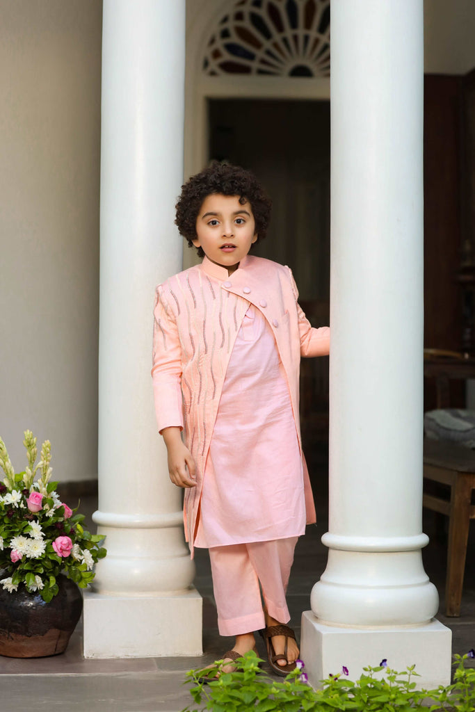 Shabab is a Peach Embroidered Indowestern Kurta Trouser Set For Boys.